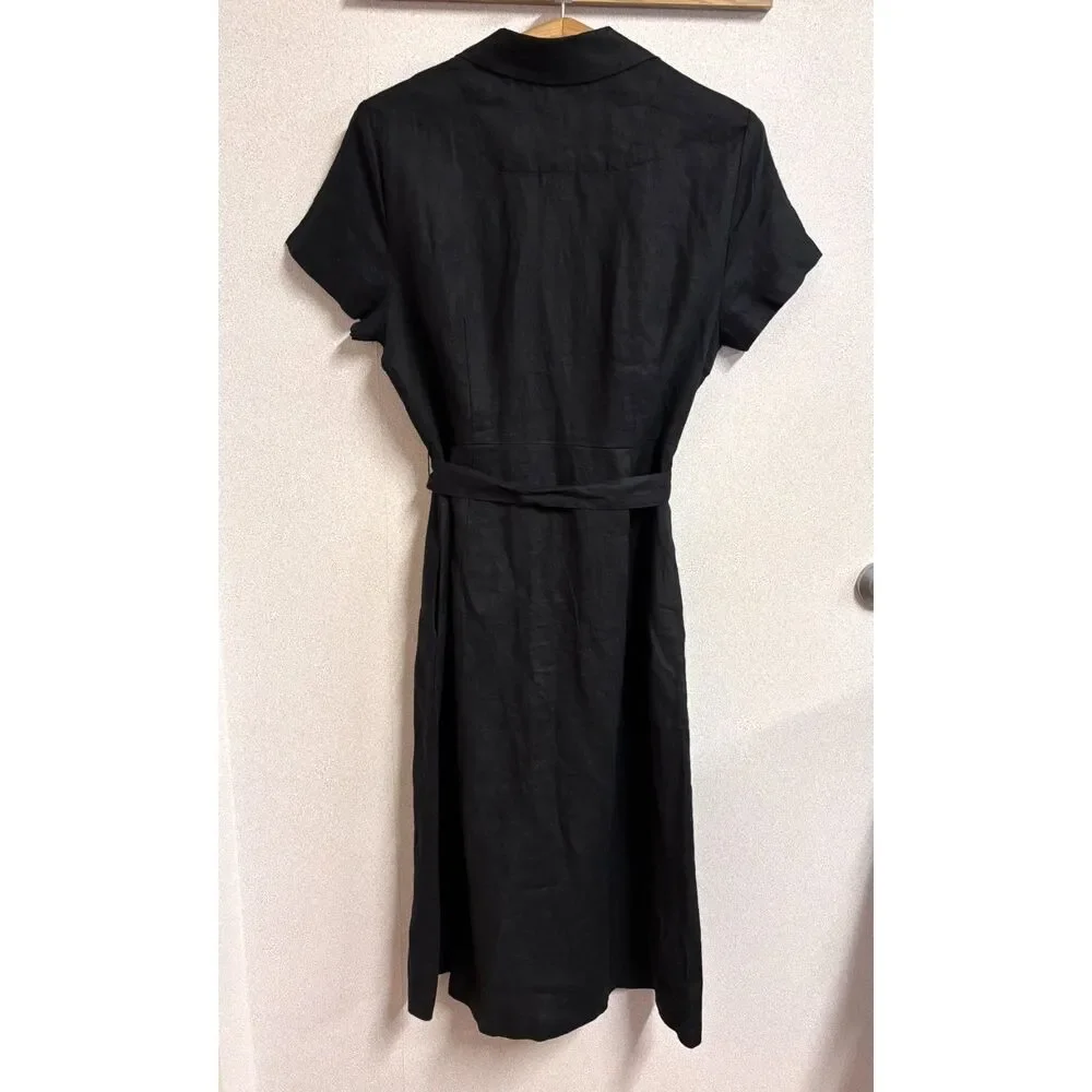 NWT Quince 100% European Linen Button Front Midi Dress Black Belted Shirt Dress - Picture 4 of 6